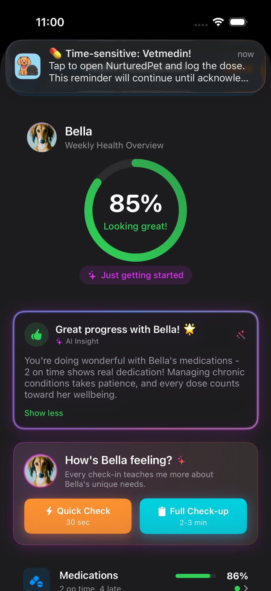 AI Care Companion showing an encouraging message: Great progress with Bella! You're doing wonderful with medications