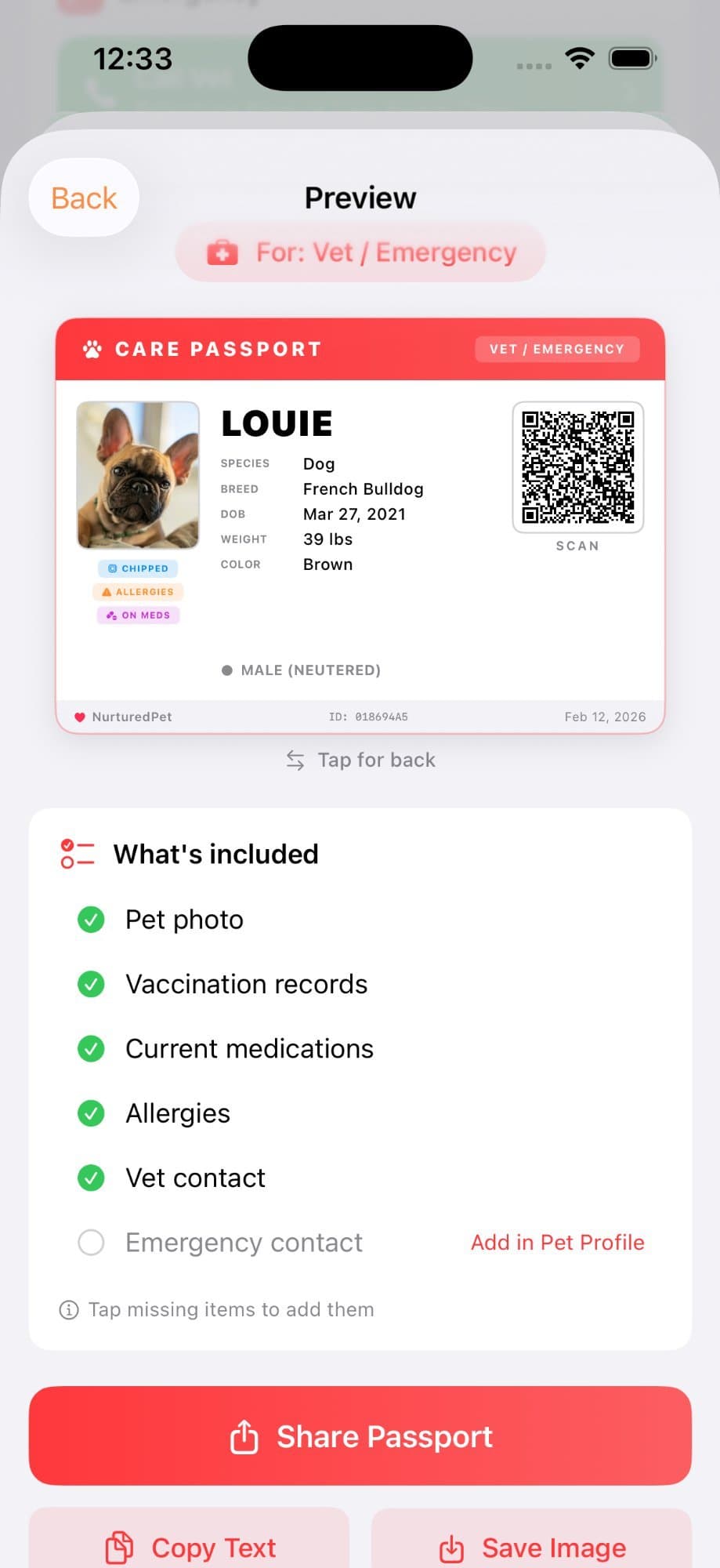 Care Passport showing Louie the French Bulldog with vaccination records, medications, allergies, and a QR code for easy sharing