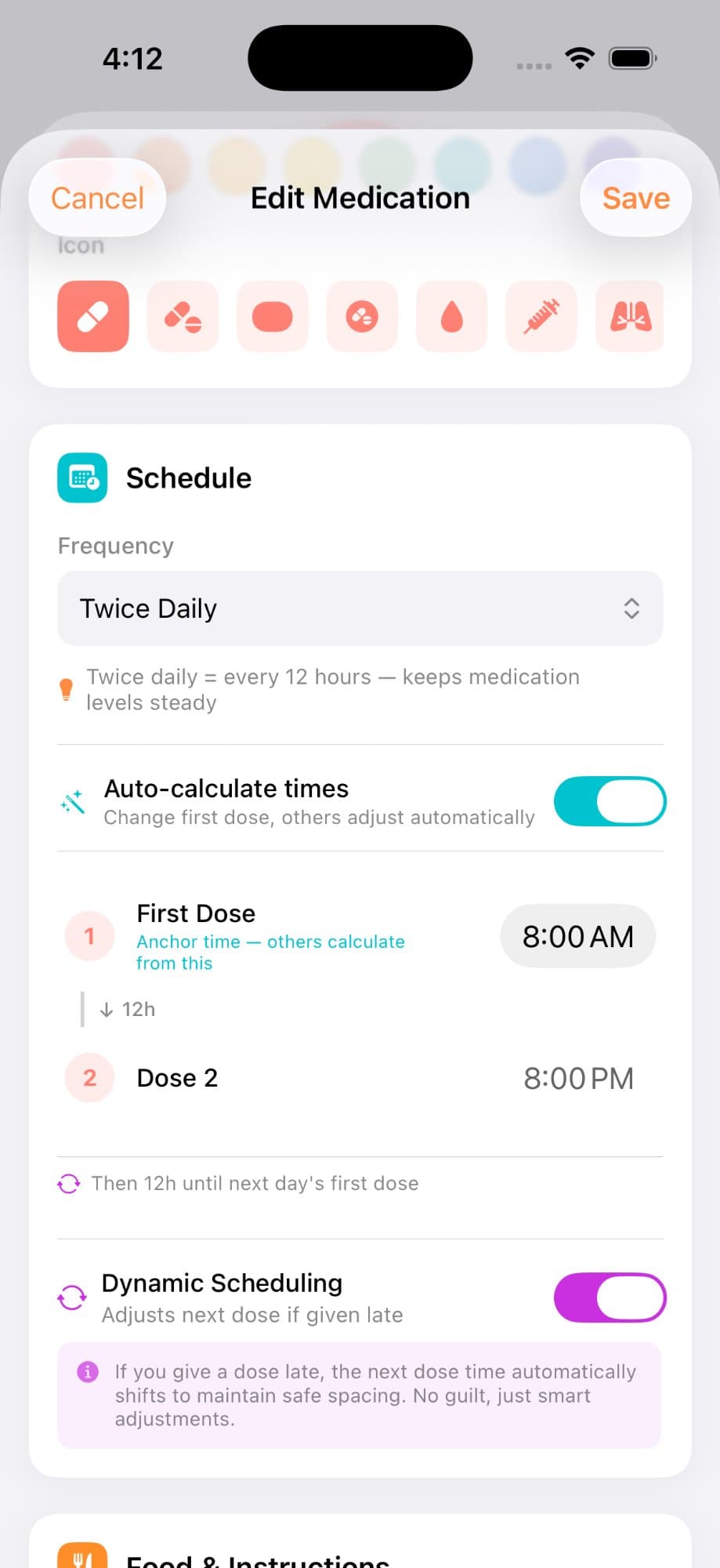 Dynamic Scheduling feature showing auto-calculate times and safe spacing adjustments
