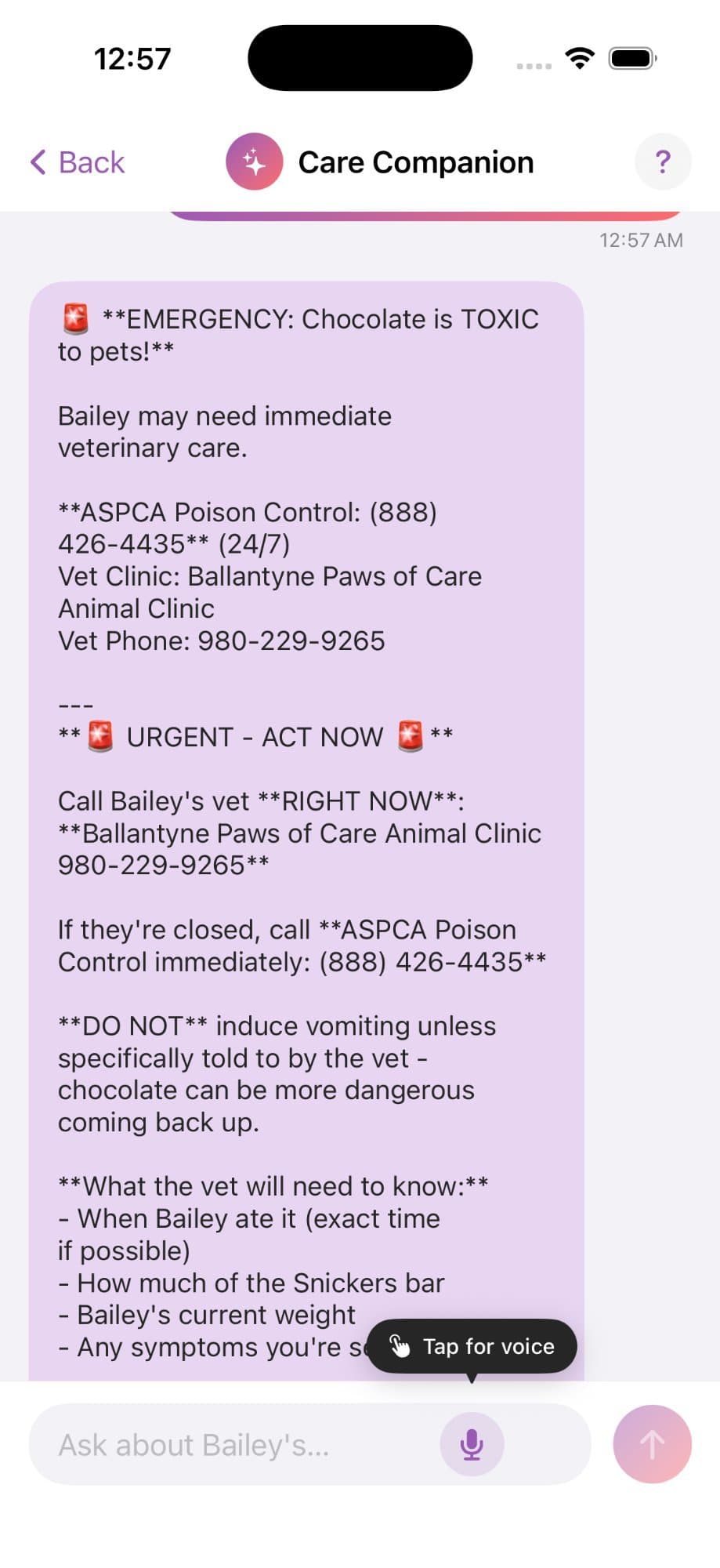 Care Companion showing an emergency response for chocolate toxicity with vet contact info and the ASPCA Poison Control number