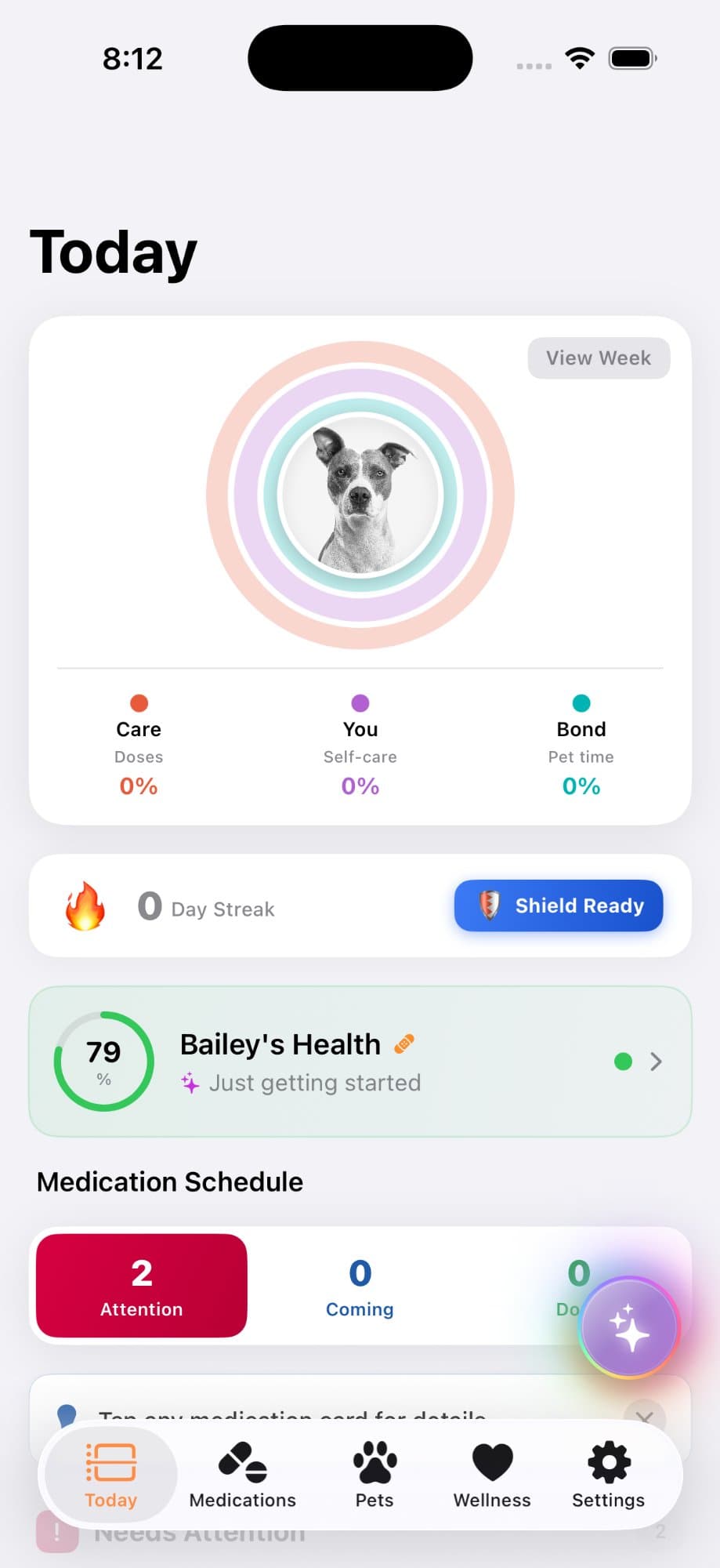NurturedPet Today View showing Bailey's health dashboard with medication schedule, wellness tracking, and Care Companion